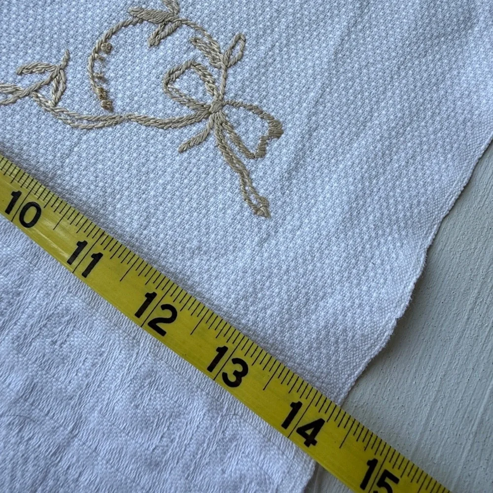 Vintage White Linen Hand Towels Set of 3 Embroidered Lace Fringe Cotton Damask